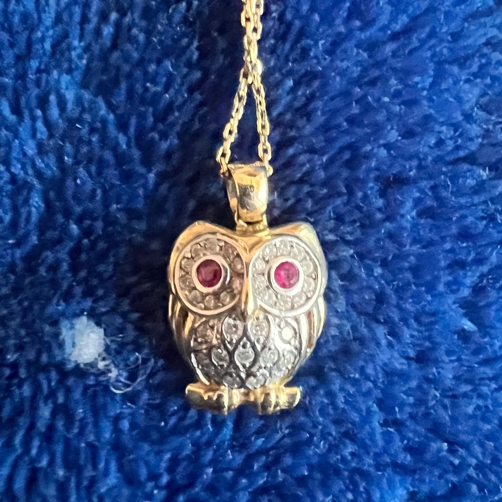 14k Gold Owl with Diamonds and Ruby Eyes